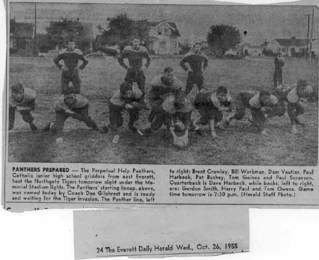 perpetual help panthers 1954 brent crowley, bill workman, dom vautier, paul harbeck, pat bushey, tom ganes, paul sorenson, dave harbeck, gordon smith, harry paul, tom owens  