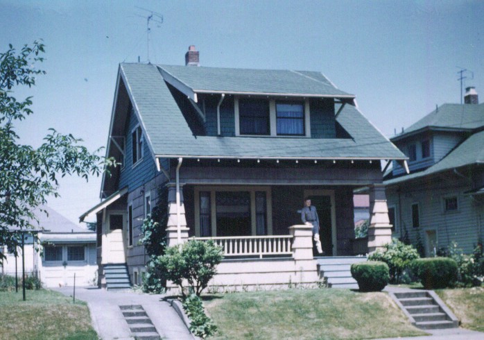 3717 SE Lincoln st. portland. Frank Vautier on the porch in his uniform. 1958