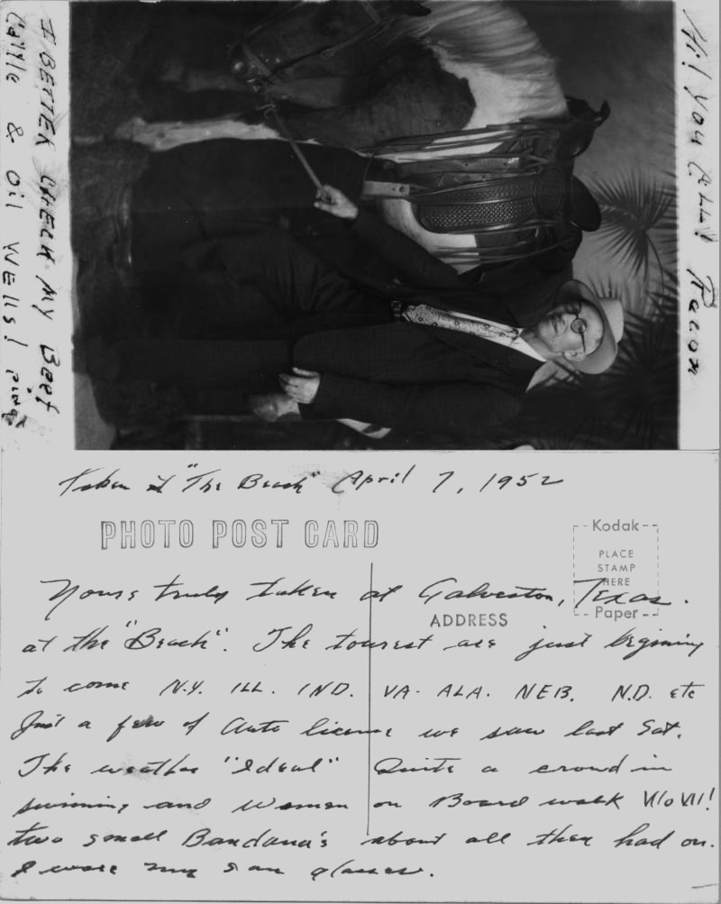 George J. Vautier with horse taken in Galvaston, Tx. April 7, 1952 on the Beach. Nothing on the Back.