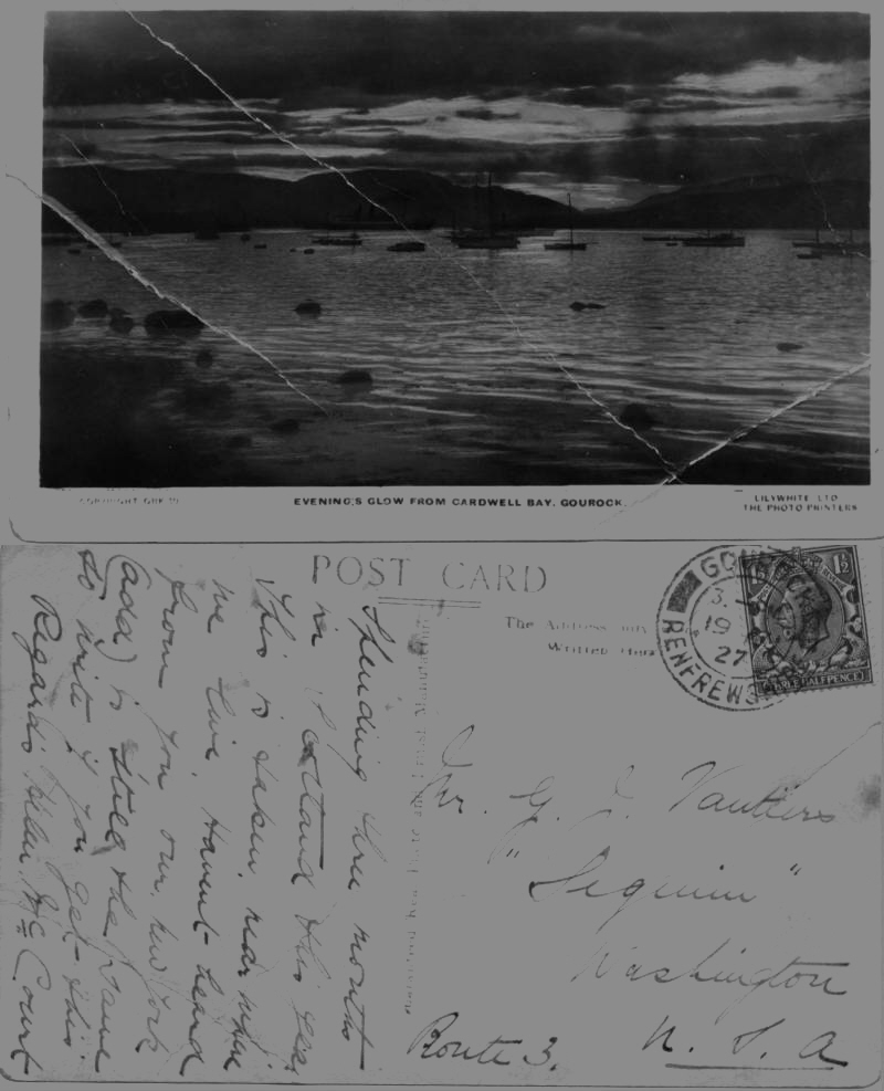 To George J.Vautier in Sequim, Wa from Helen McCourt in Gourock, Renfrewshire. Cardwell Bay