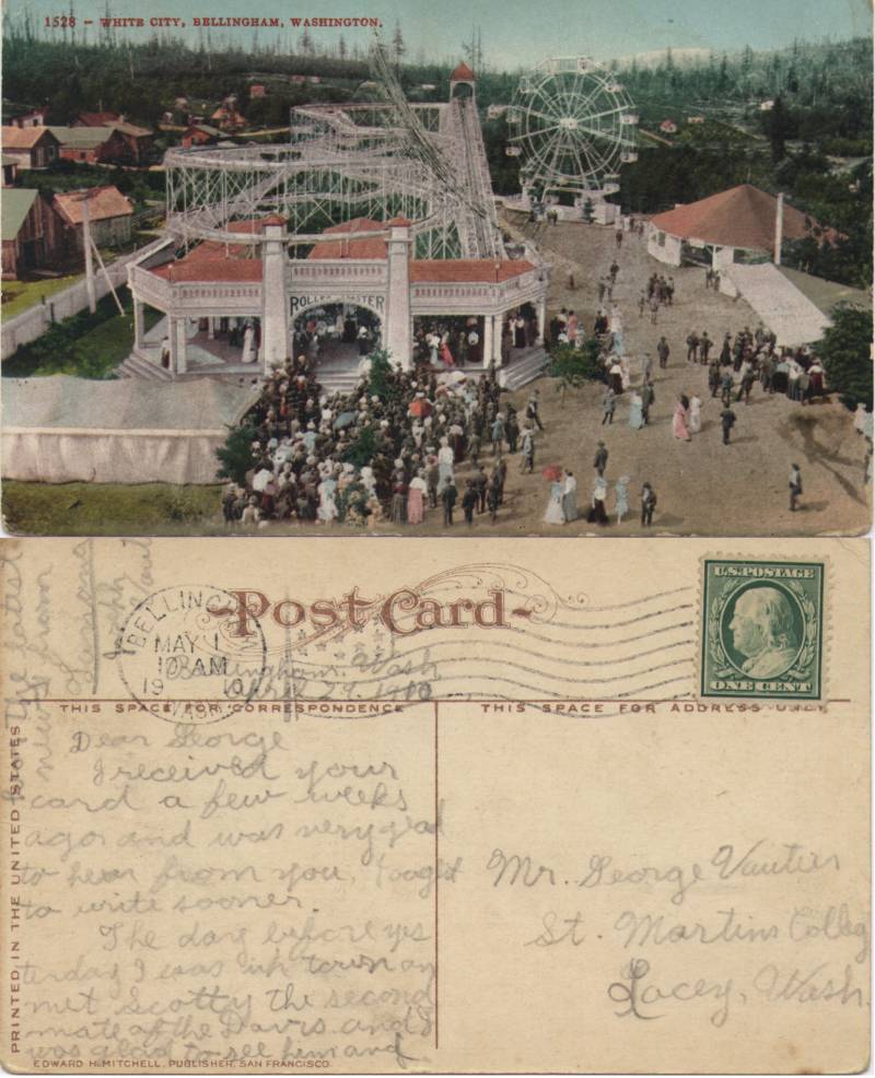 White City, Bellingham - From brother Joe Vautier to George Vautier at ST. MARTIN'S COLLEGE, posted May 1, 1910. Ran into Scotty, 2nd mate of Davis - latest news from Tanana.