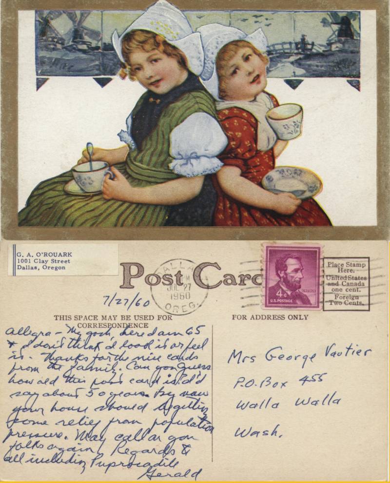 Dutch Girls - From Gerald O'Rouark in Dallas, Or. to Allegra Vautier in Walla Walla, WA, Posted July 27, 1960.