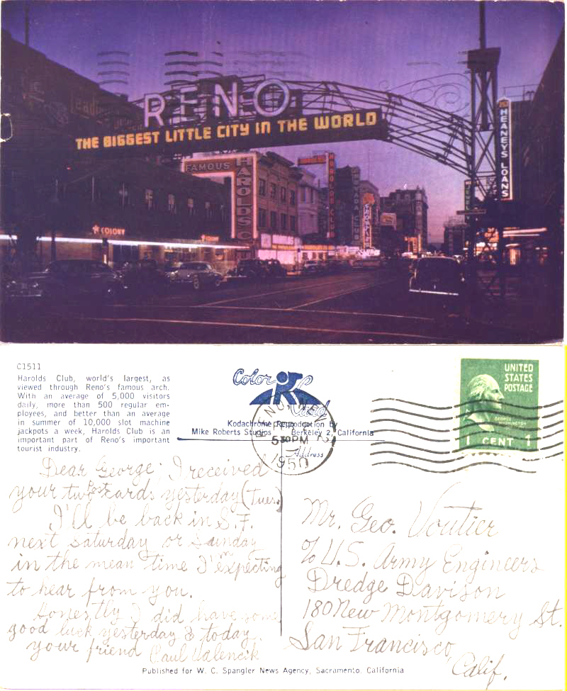 Harold's Club at night - From Paul Valencik in Reno to George Vautier on Dredge Davison in San Francisco posted Feb 2, 1950.