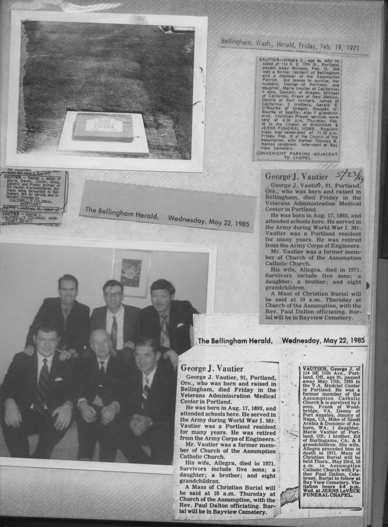 Collage: Funeral notices for George Vautier & Allegra Vautier. Allegra's headstone; group picture from her funeral.