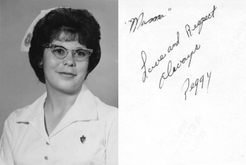 Graduation picture of Peggy Montoya which was included with her graduation announcement and wedding invitation. "Love & respect always."