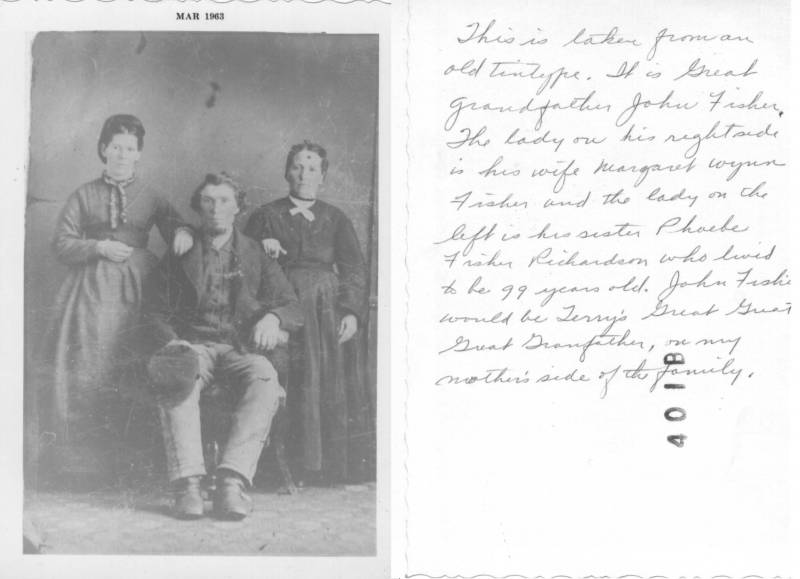 John Fisher with his wife, Margret Wynn Fisher, on *his* right and his sister, Phoebe Fisher Richardson, on *his* left. Phoebe lived to the age of 99