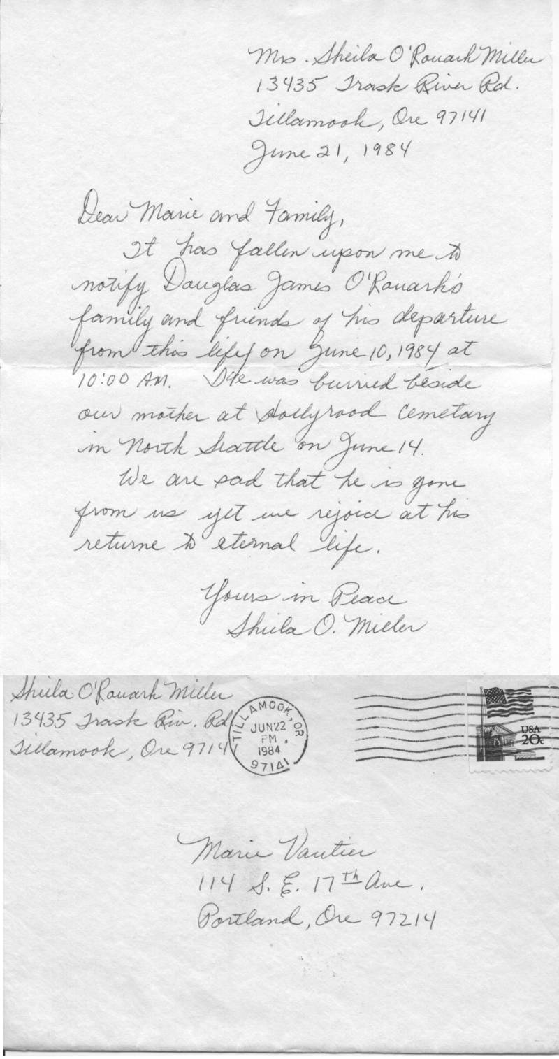 Douglas O'Rouark's Obituary. Letter from Sheila O'Rouark Miller, Doug's daughter, to Marie Vautier announcing his demise on June 10, 1984