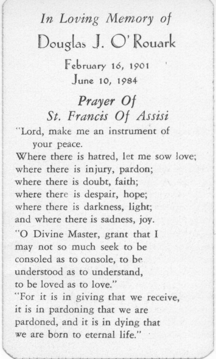 Prayer card- Memorial to Douglas J O'Rouark.