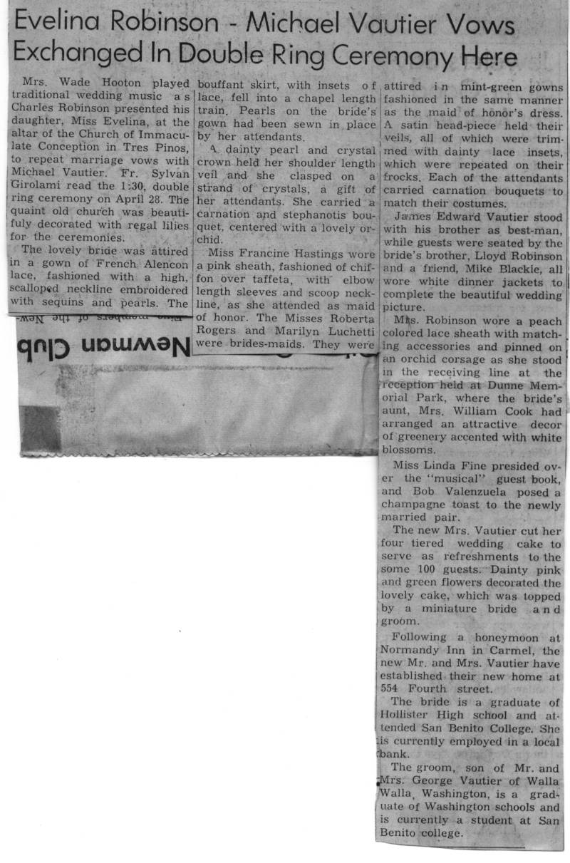 Michael Vautier & Evelina Robinson's wedding Text. Article dated 5/7/1962. Wedding was 5/28/62