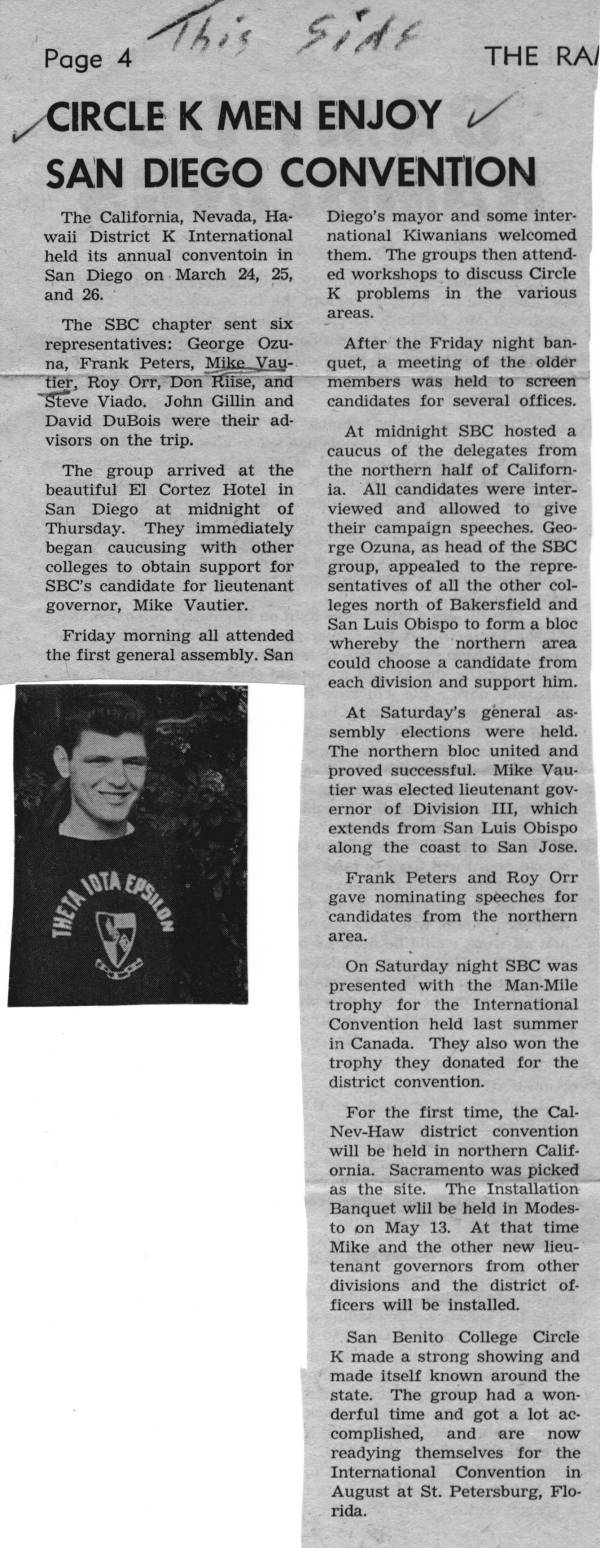 SAN BENITO COLLEGE Rambler, Circle K Convention in San Diego. Anthony Michael Vautier. Also photo of Anthony Michael Vautier in Theta Iota Epsilon jersey (not part of article).