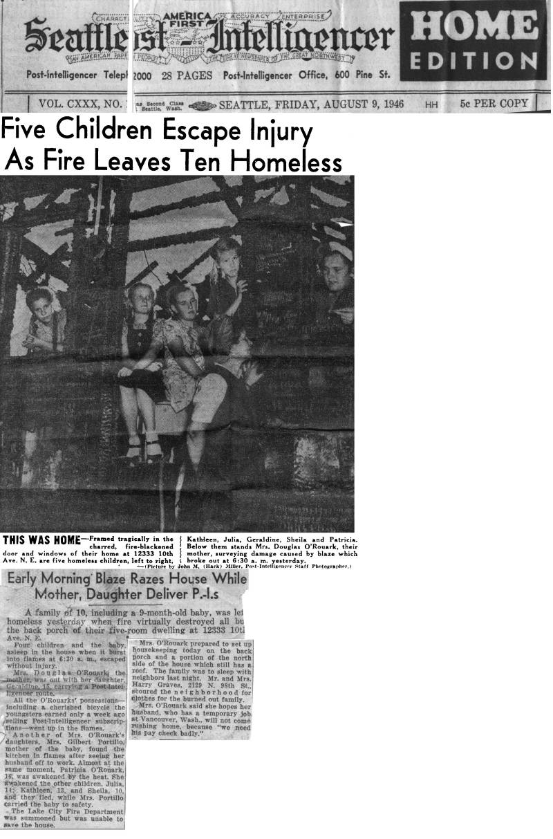 Frances O'Rouark & Douglas O'Rouark house burning down. Date: Aug. 9, 1946. Picture of Frances O'Rouark, Kathleen O'Rouark, Julia O'Rouark, Geraldine O'Rouark, Sheila O'Rouark, and Patricia O'Rouark.