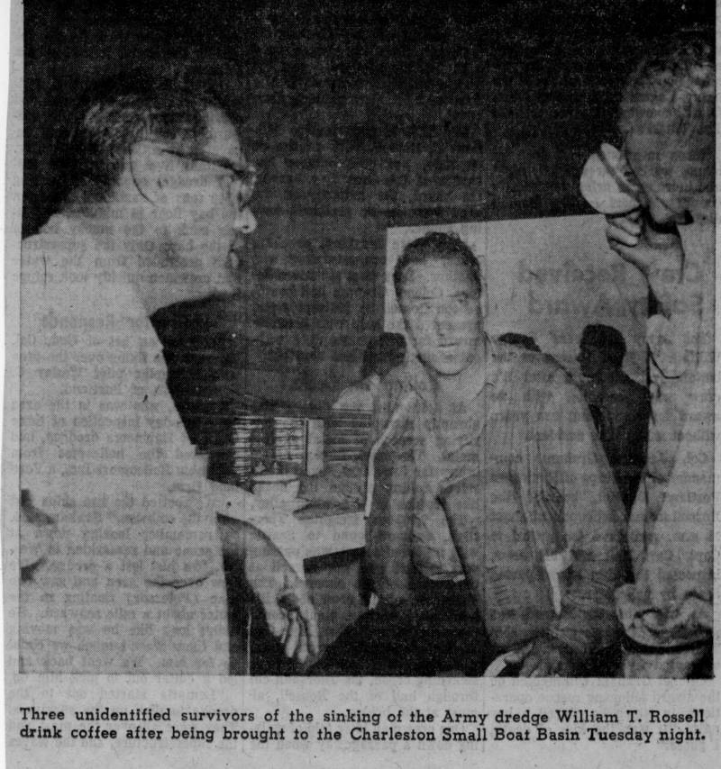 Three survivors from Dredge Rossell sinking. Date: Sept. 9, 1957