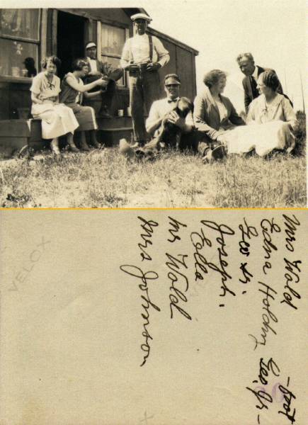 George Vautier's family and friends probably in Sequim. They are identified on the back, L-to-R: Mrs. Wold; Edna (holding George. Jr.'s foot); George Vautier Jr. (George Vautier); George Vautier Sr. (George Vautier's dad), standing; Joseph (George Vautier's brother); Ella (George Vautier's mother); Mr. Wold; Mrs Johnson.