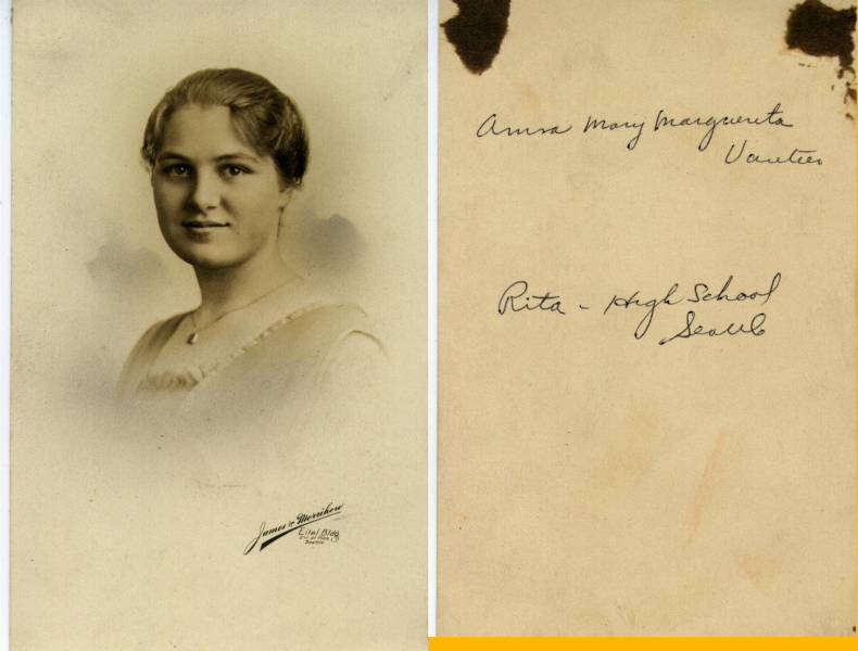 High school portrait of George Vautier's sister, Anna Mary Marguerita Vautier (Aunt Rita). Photographer: James & Merrihew, Eitel Bldg, 2nd at Pike, Seattle.