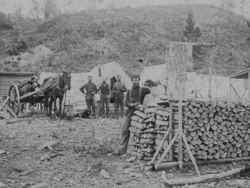 I suspect this is a young James Jessop II. In the bottom left corner is inscribed, "Pine City Wood Yard, Jessie and Co." In the right corner is, "MUIRREAD" and under that, "BPOS" or "BROS." It's not very readable. The Sign by the wood pile reads, "CITY WOOD YARD - LOGS FOR BUILDING PURPOSES GOT HERE - SAWS FILED." Don't know who the gentlemen in the background are.