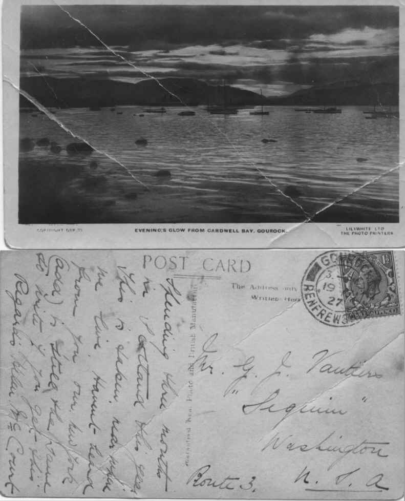To G.J.Vautier in Sequim, Wa from Helen McCourt in Gourock, Renfrewshire. Cardwell Bay