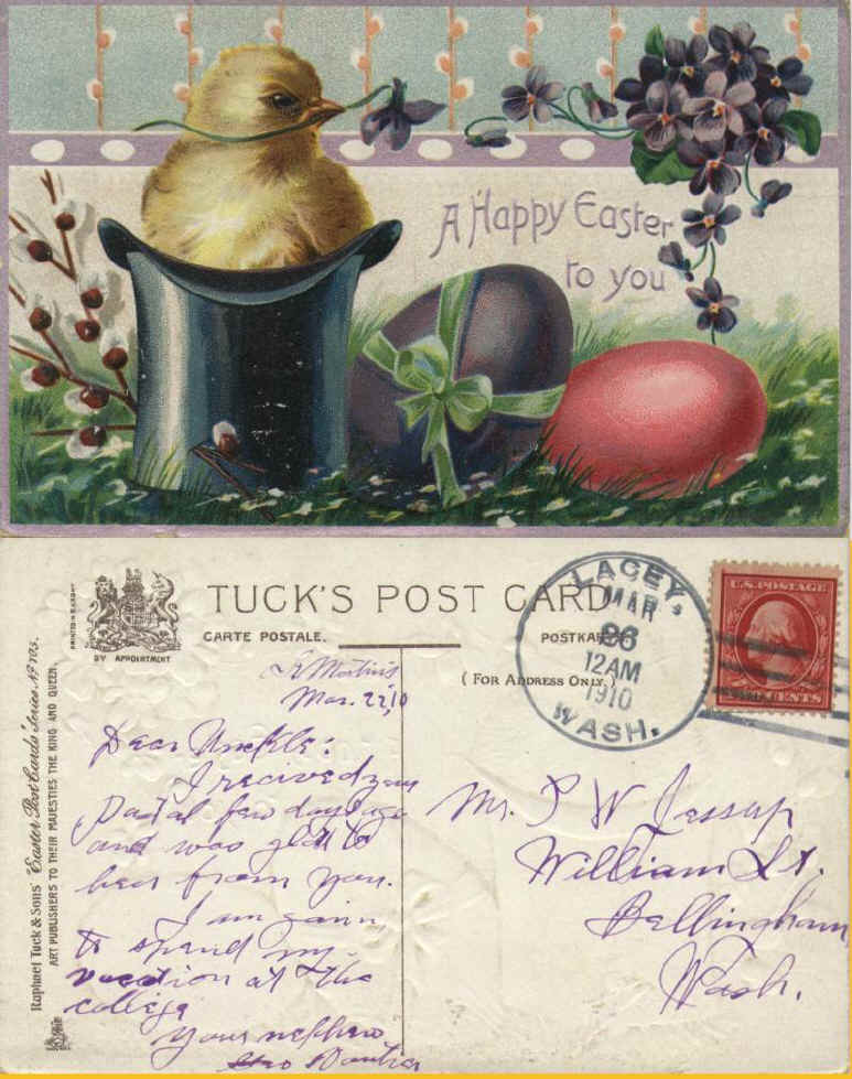 Easter card from George Vautier Jr., at St. Martin’s College to his uncle P.W. Jessup in Bellingham . Dated Mar 22, 1910.