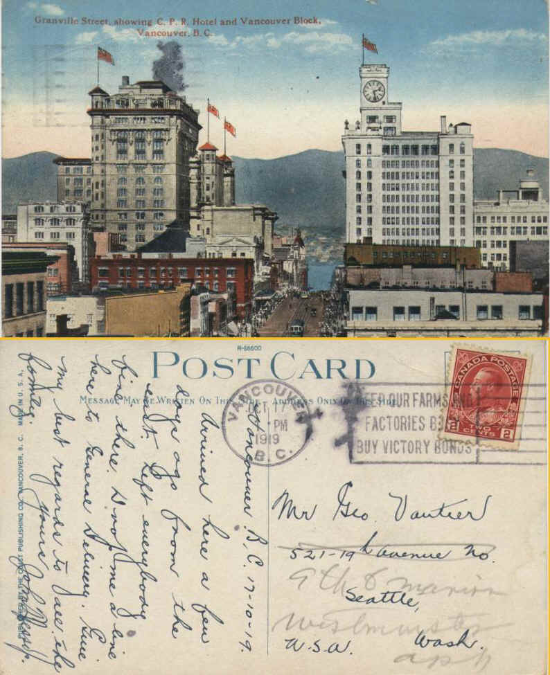 Granville Street, CPR Hotel, Vancouver , B.C. From John Jessop in Vancouver to Mr. George Vautier in Seattle (address correction). Posted Oct 17,1919.