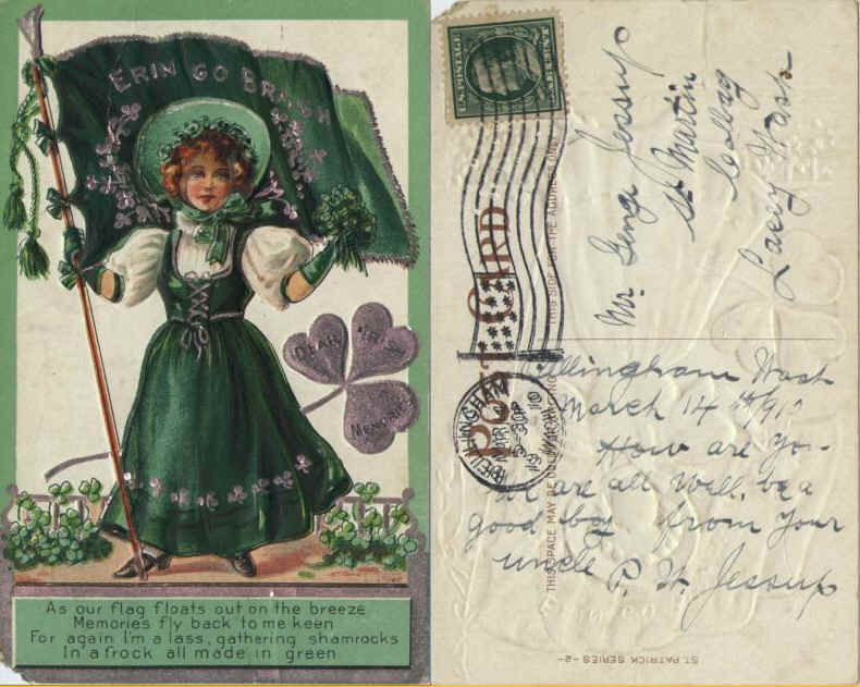 St. Patrick’s Day Card From Uncle Pat in Bellingham to George Vautier Jr. at St. Martin ’s College. Posted Mar. 14, 1910