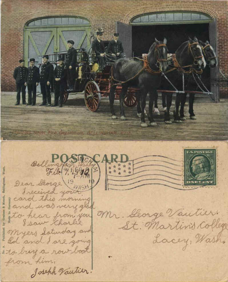 Prospect Street Fire Dept,Bellingham , Wa. from Joseph Vautier to George Jr. at St. Martin ’s College (SMC), posted Feb. 9, 1910
