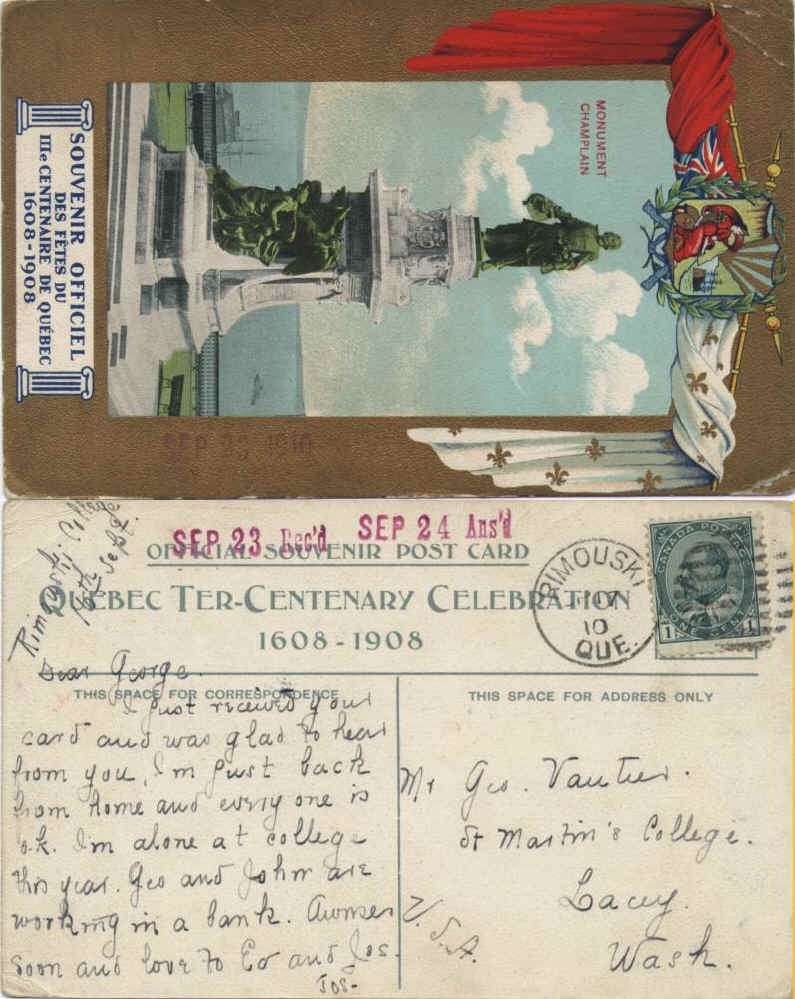 Champlain Monument - Souvenir Offricial des fetes du Ille Centenaire de Quebec 1608-1908 from Joseph Vautier at  Rimouski  College ,   Rimouski  , Quebec to George Vautier Jr. at SMC posted Sept 16, 1910