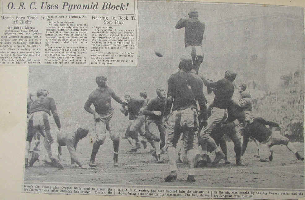 oregon state college (osc) uses pyramid to block extra point.