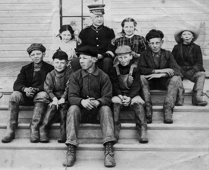 School picture probably in Bellingham (New Whatcom) Eddie Vautier is on the far left; next to him is Percy Vautier, then George Vautier Jr. Joseph Vautier is 2nd from the right and Rita Vautier is between Joe and the sergeant.